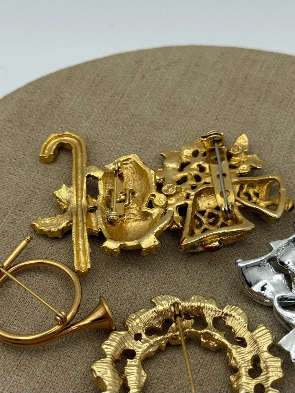 Vintage Christmas Brooch Lot - Gold, Silver, Green, Red Accents